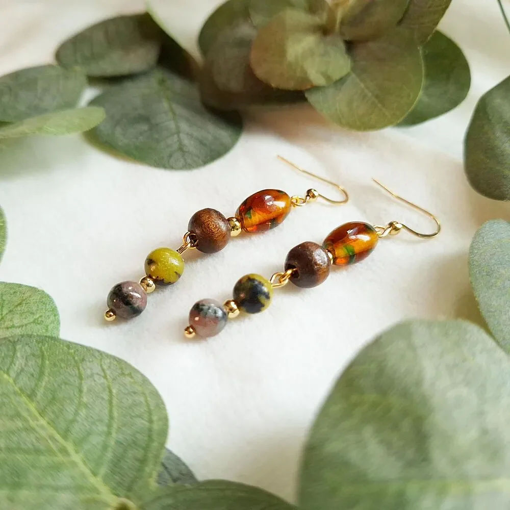 Green Serpentine, Lampwork Glass, & Wood Beaded Dangle Earrings